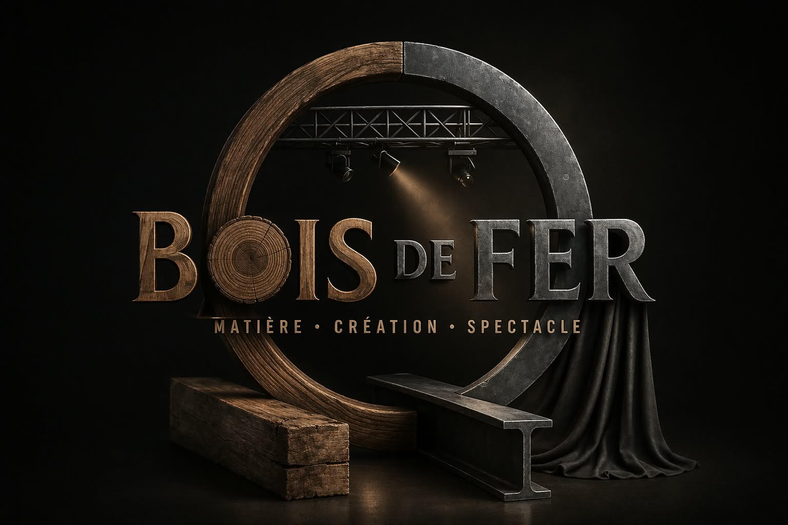 Logo Bois de Fer : un anneau mi-bois mi-acier, une poutre de scène et ses projecteurs